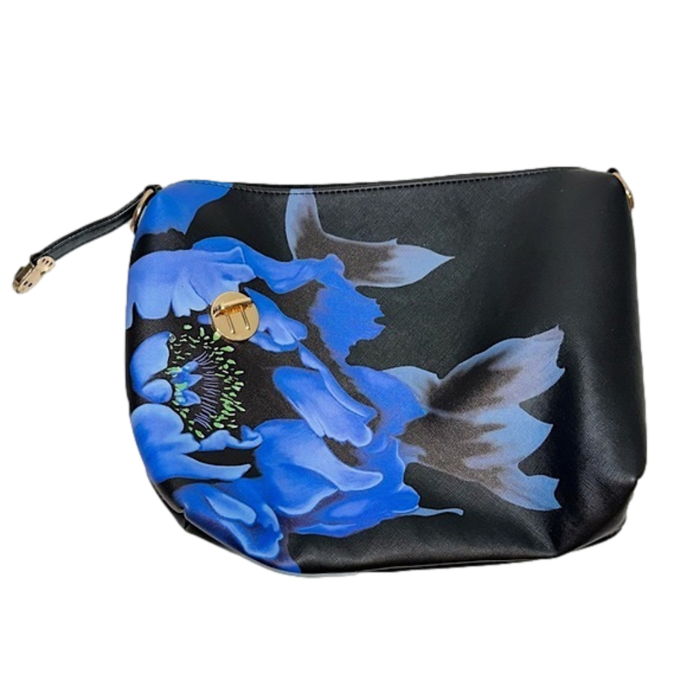 MEI&GE Black Make-Up Bag w. Dark Blue Flower Design & Gold Colored Accents